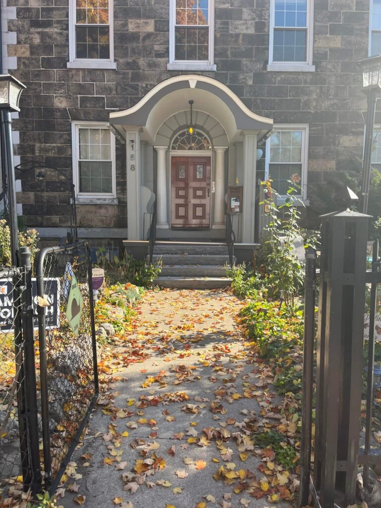 A photo of our front walk, all autumnal with leaves!